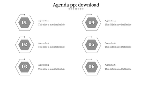 Agenda PPT slide with six grey hexagonal numbered sections, each linked to a corresponding agenda item on a white backdrop.