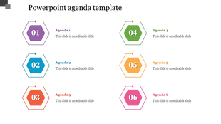 Six-step agenda template with hexagonal icons, each in a unique color, displaying step numbers with arrows.