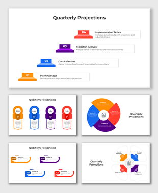 Quarterly Projections infographic showing Q1-Q4 data in orange, blue, purple, red blocks with numbers and insights.
