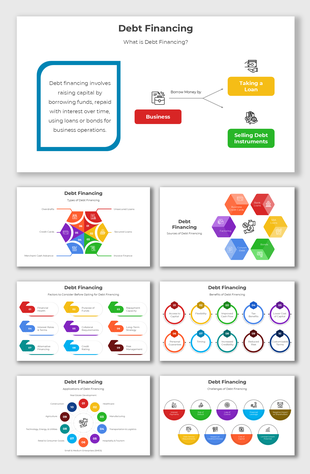 Explore Debt Financing with charts, vibrant hexagons, and step-by-step breakdowns of sources and applications.