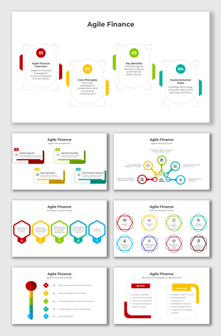 Agile Finance slides in red, yellow, green, showing adaptive strategies, benefits, principles, and drivers clearly.