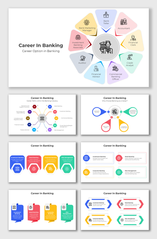 Career In Banking slide highlights roles like auditor, credit analyst, bank teller, using pastel colors and icons.