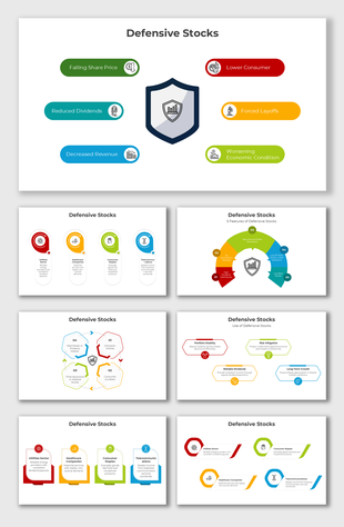 Defensive Stocks slide featuring shield icon, colorful text boxes, and insights on stability, dividends, and low risk.