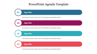 A simple agenda PowerPoint presentation with four sections highlighted in varying colors.
