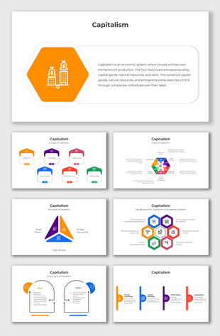 Capitalism slide uses hexagonal icons, vibrant colors, and clean text holders to explain pillars, types, and principles.