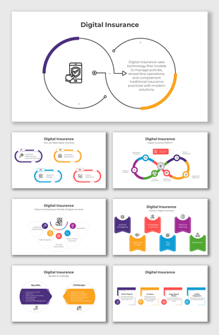Digital Insurance slides with vibrant icons, curved arrows, and text holders explaining benefits, trends, and platforms.