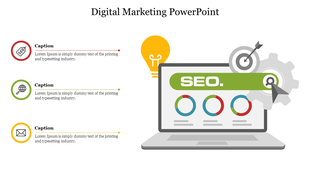 SEO themed slide showing a laptop with circular graphs, a lightbulb icon, and three captions with icons on the left.