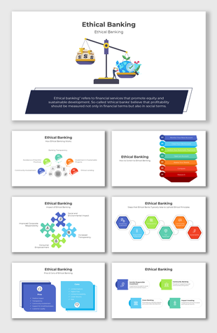 Ethical Banking slides highlight sustainable practices using layered shapes, puzzle visuals, and concise text descriptions.