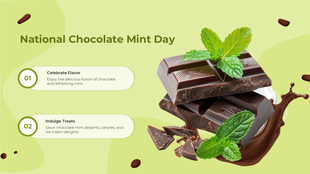 A vibrant slide with chocolate bars, mint leaves, and green hues celebrating mint chocolate treats.