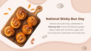 Celebrate February 21st with gooey buns on a wooden tray; warm brown tones and curved accents.