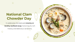 Celebrates creamy clam chowder with fresh herbs, clams, and a light green background design.