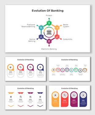 Evolution of Banking slides with colorful hexagons showing stages from barter to fintech, supported by icons and text.