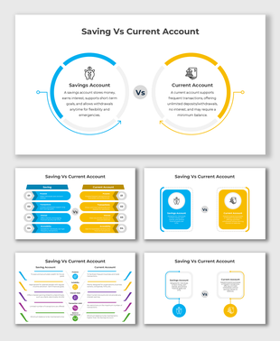 Visual Saving Vs Current Account comparison with icons, segmented text, and vibrant blue-yellow circular infographic design.