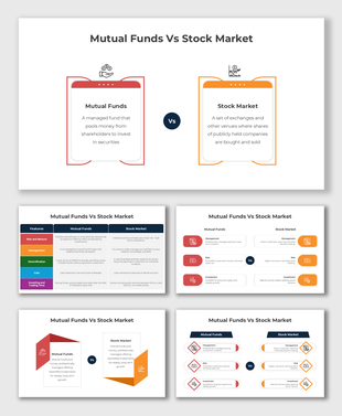Compares mutual funds and stock market basics with red and orange icons, clean text, and stylish boxes.