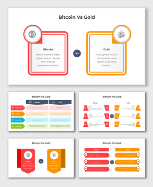 Red and orange framed comparison with text holders explaining Bitcoin as digital and Gold as physical currency.
