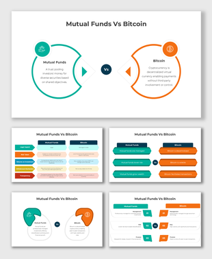 Arrow-shaped segments highlight legal, risk, returns, and transparency differences in vibrant teal and orange colors.