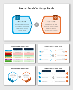Comparison slide with blue for Mutual Funds and orange for Hedge Funds, showcasing features like risk and accessibility.