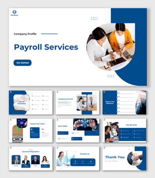 Payroll Services profile in blue-white theme, showcasing services, mission, executive bios, milestones, and contact details.