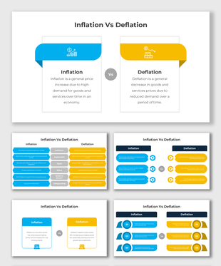 Comparing Inflation Vs Deflation is a Blue-yellow slides outline key points, impacts, and economic safeguards visually.