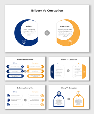 Bribery Vs Corruption is a blue-orange half-circle design contrasts actions, motives, and effects with concise text.