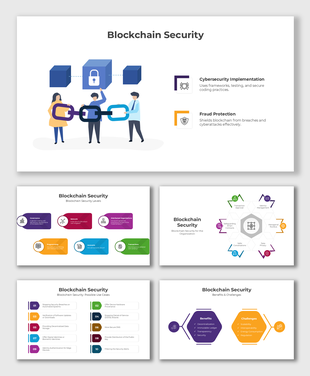 Blockchain Security template uses hexagonal shapes, vibrant colors, and text holders to explain protection and use cases.
