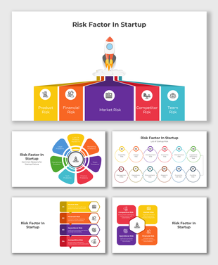 Risk Factor In Startup infographic highlights competitor, product, and financial risks with bold colors and icons.