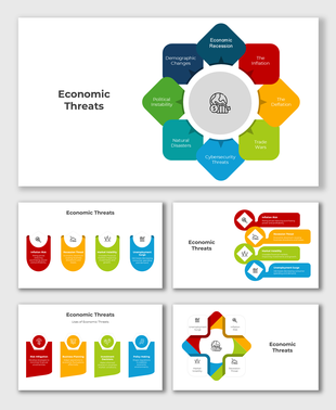 Economic Threats slides with colorful circular diagrams, icons, and text; covers inflation, recession, and market risks.