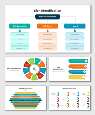 Risk Identification slides with structured categories, colorful blocks, and simple text holders for easy analysis.