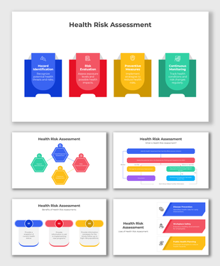 Health Risk Assessment slides with bold colors, step-by-step process, hazard identification, risk evaluation, and monitoring.