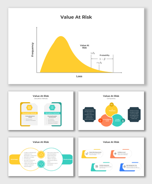 Value At Risk slides with a probability graph, risk calculation methods, and key components for financial assessment.