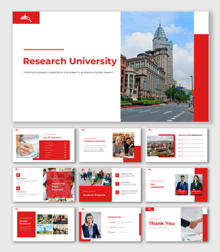 Research University slides with a bold red theme, featuring history, mission, programs, leadership, and faculty resources.