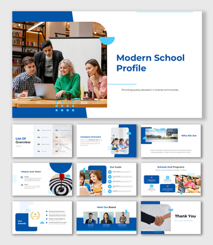 Modern School Profile template with a blue-white theme, showcasing education programs, mission, awards, and leadership.