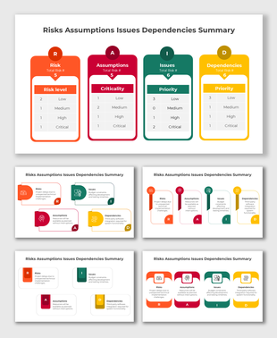 Professional Risks Assumptions Issues Dependencies Summary layout with red, yellow, green, and orange sections for clarity.