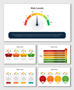Visual representation of Risk Levels using a gradient meter, risk categories, and a stepwise impact assessment scale.
