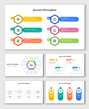 Scrum Principles infographic with hexagons, icons, and colors highlighting key concepts like time boxing and collaboration.