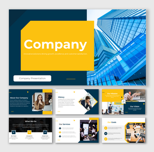 Modern company slide deck highlighting business overview, goals with high-rise buildings and multiple sections.