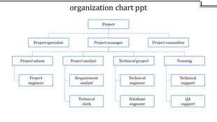 Organizational chart for a project with roles such as project specialist, project manager, and technical engineer.