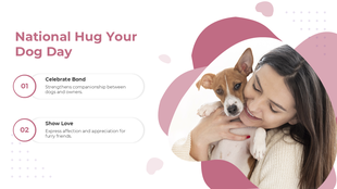 National Hug Your Dog Day slide with a smiling woman hugging her puppy, pink abstract shapes, and soft white tones.