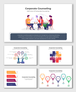 Corporate Counseling slides showcase employee well-being, stress management, career growth, and workplace productivity.