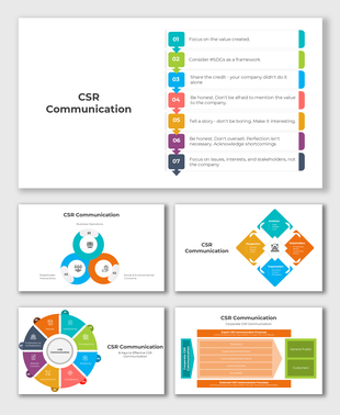 CSR Communication slides with colorful infographics, charts, and diagrams explaining corporate responsibility and engagement.