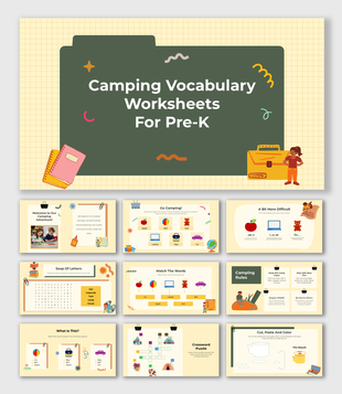 Camping Vocabulary Worksheets For Pre-K with word puzzles, matching games, and fun visuals on a yellow grid background.