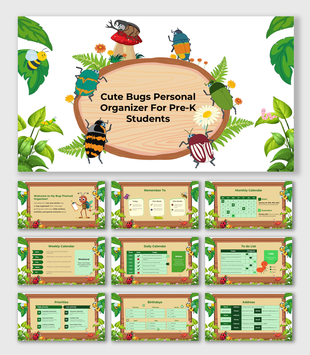Cute Bugs Personal Organizer for Pre-K with bug illustrations, calendars, task lists, and reminders.