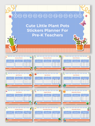 Cute Little Plant Pots Stickers Planner For Pre-K Teachers with monthly calendars, to-do lists, and plant-themed icons.