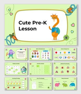Cute Pre-K Lesson with a friendly giraffe, colorful text boxes, counting, matching, and drawing activities for preschoolers.
