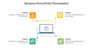 PowerPoint slide for business presentations, featuring a laptop with icons for data analysis, strategy, marketing, and goals.