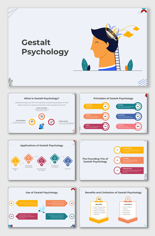 Gestalt Psychology slides with principles, applications, and benefits, using vibrant colors, icons, and modern shapes.