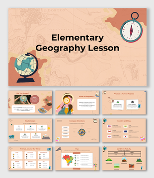 Elementary Geography Lesson with maps, compass, landforms, country flags, and key concepts in a vintage-style design.