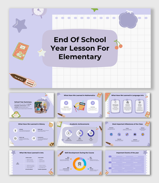End Of School Year Lesson For Elementary with subject highlights, achievements, and milestones in a pastel design.