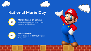 National Mario Day slide featuring Mario, blue background, clouds, brick blocks, and key facts about his gaming legacy.