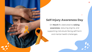 Self-Injury Awareness Day slide with an orange ribbon, a person covering their face, and key points on reducing stigma.